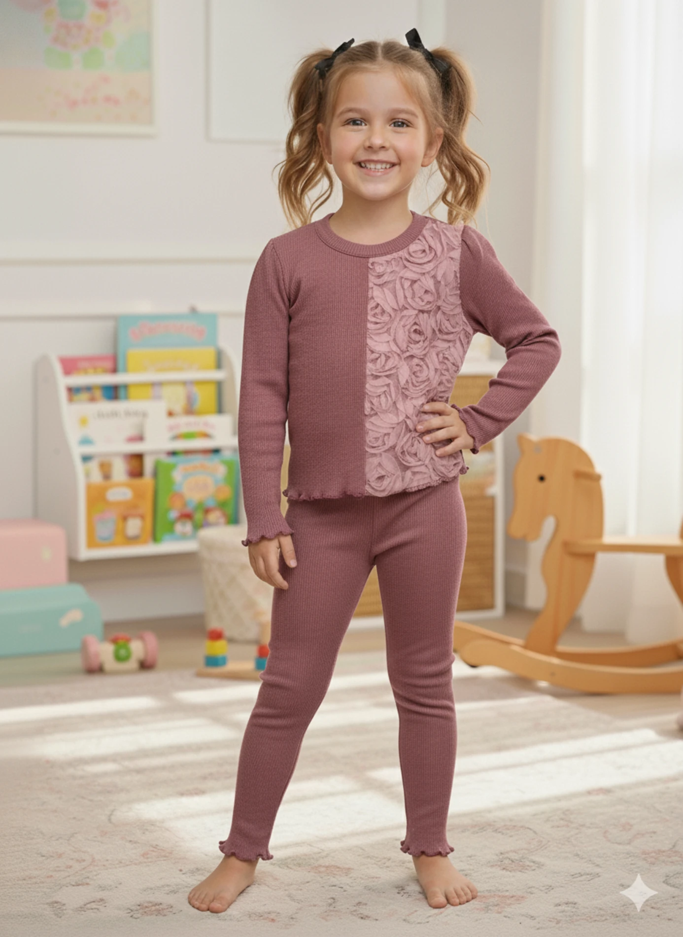 Gül Kurusu Çiçek Aplike Detaylı Fitilli Takım 