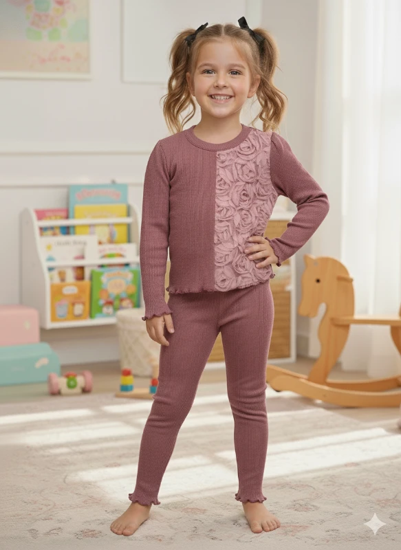 Gül Kurusu Çiçek Aplike Detaylı Fitilli Takım 