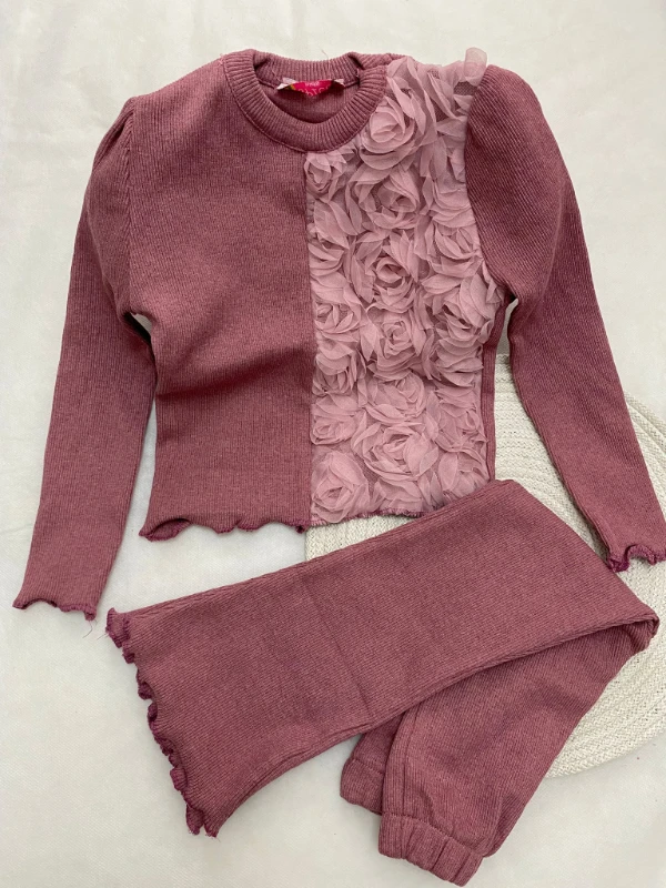 Gül Kurusu Çiçek Aplike Detaylı Fitilli Takım 